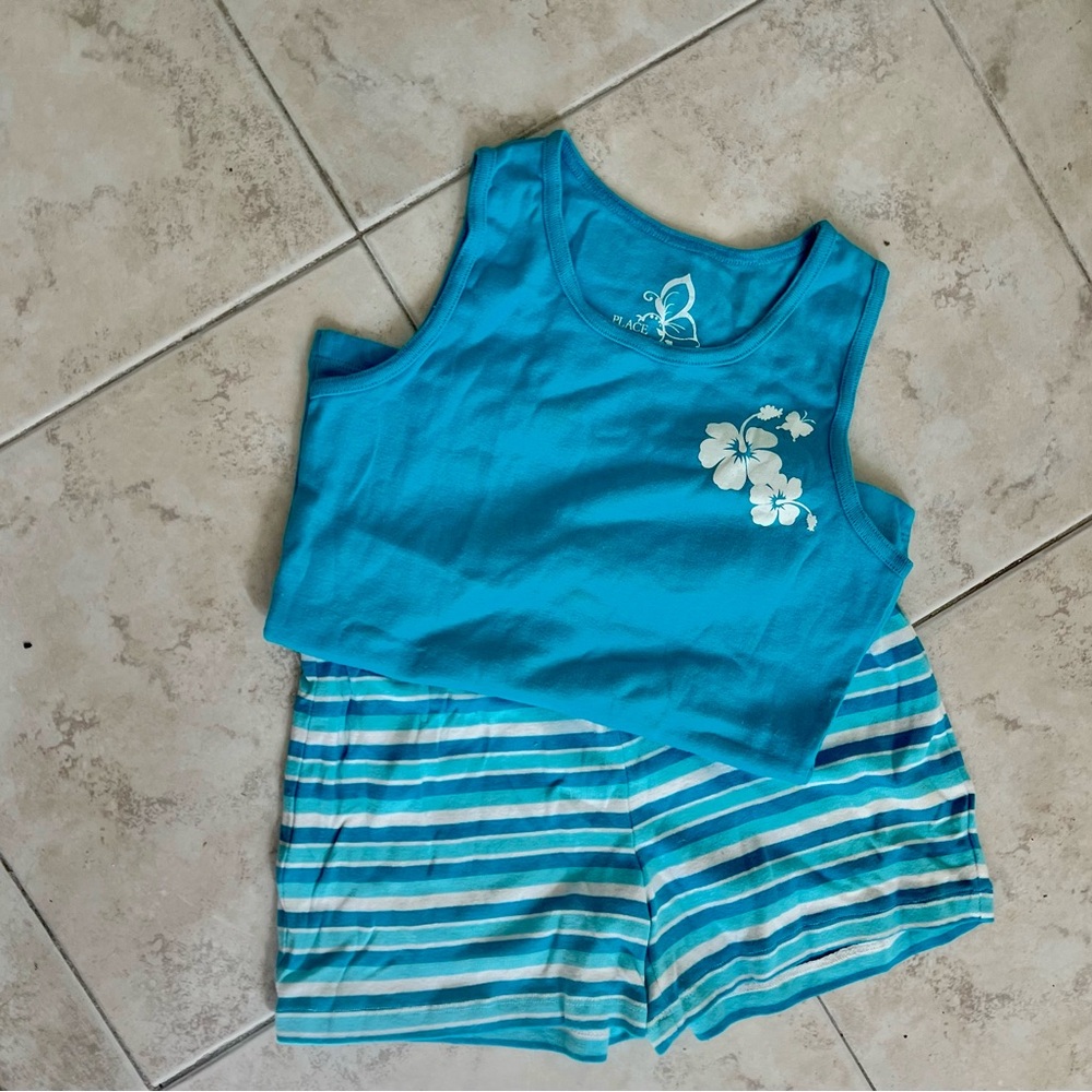 The Children's Place Blue and White Floral  & stripes 2 pc shorts set
